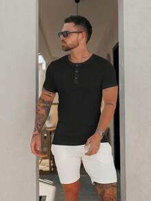 Men's Stretch Henley T Shirts Slim Fit Short  Sleeve Casual Stylish Tee Business Top - 黑色 - 查看 2