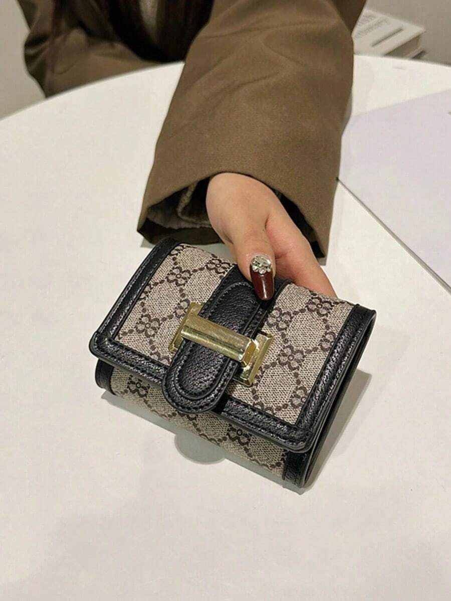 Women's Tri-Fold Flap Closure Short Black Floral Print Classic Multi-Card Holder Anti-Scan Bank/ID Card Vintage Style Compact Wallet - 黑色 2 - 查看 1