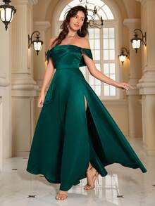 女士优雅露肩开衩派对连衣裙 - 綠色 - 查看 4