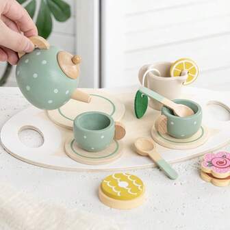 Interactive Wooden Pretend Play Tea Set, Family & Kids Tea Party Kitchen Toys For Role Play, Afternoon Tea Set, Wooden Tea Party Set, Learning Role Play, Fun Dessert Food Toys, Interactive Simulated Tea Cup, Learning Gift, Ideal For Christmas, School, Spring, Easter