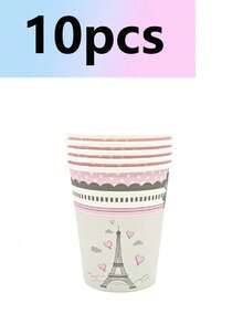 10pcs/Set Paris Eiffel Tower Theme Party Cake Plates Round Tableware Set, Suitable For Camping, Wedding, Birthday Party, Romantic Paris Creative Theme Party - Multicolor - View 5
