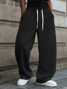 Pantaloni da uomo a gamba dritta con vita regolabile, pantaloni casual ampi in felpa, stile semplice adatto per pendolarismo quotidiano, uscite casual, appuntamenti serali, sport all'aperto, moda da strada, versatili per primavera/estate - nero - Visualizzare 1
