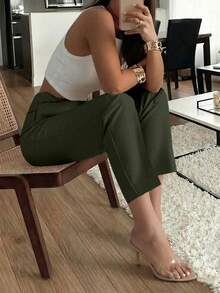 优雅侧袋褶皱修身女士通勤裤 - 軍綠色 - 查看 2