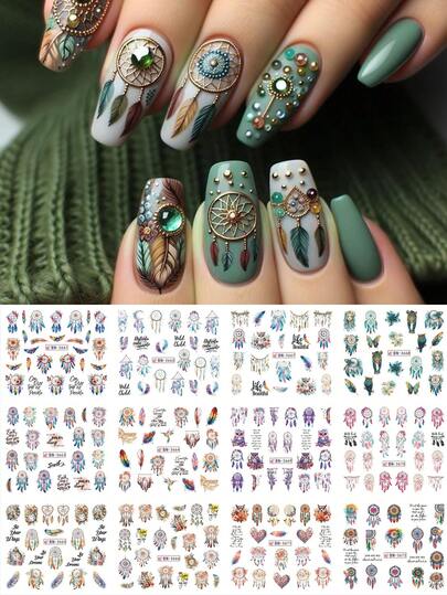 1 pieza con 12 diseños de calcomanías de agua para decoración de uñas con atrapasueños, plumas, mariposas, búhos y talla grande, accesorios de arte de uñas DIY para mujeres y niñas