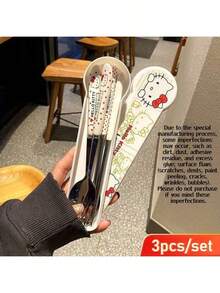 Hello Kitty 三件套不锈钢旅行餐具套装 - 便携式餐具（叉子、勺子、筷子），带收纳盒，小巧可爱，适合学校、办公室、露营、野餐 - 耐用，易于清洁