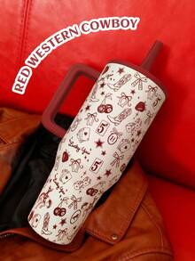 HYDRO JUG Traveler 40 Oz / 1183 Ml Red Western Cowboy Pattern Of Tumbler. Water Bottle Crafted From Durable Stainless Steel And Triple-Wall Insulated, It Keeps Drinks Ice-Cold For Hours. Tapered Base To Fit Most Car Cupholders, A Leakproof Flip-Straw Lid, And A Comfortable Handle For Carrying On The Move. A Great Choice For Gifts. - 紅牛仔 - 查看 2