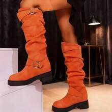 These Versatile Women's Chunky-Heeled Knee-High Boots Feature A Wide Leg And A Bonded Design. The Solid Color And European/American Style Are Accented With A Retro-Inspired Pleated Pointed Toe, Exuding A Fashionable Vibe. - màu cam sáng - Xem 3