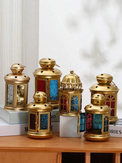 1 đèn lồng trang trí phong cách Ma-rốc cho trong nhà và ngoài trời, đèn treo bằng kim loại cổ điển và chân nến, đồ trang trí nhà Ramadan cho hiên nhà, hiên nhà, kính nhiều màu