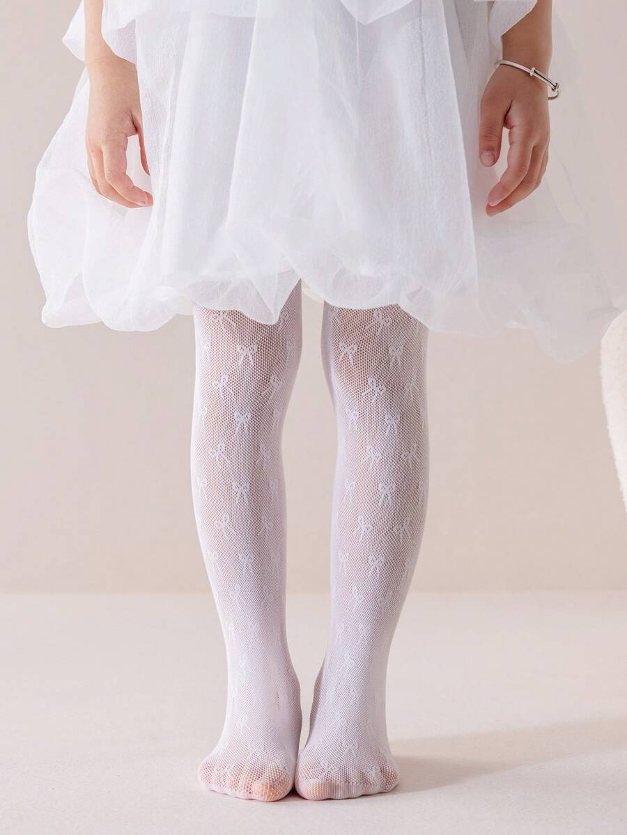 1pc Girls/Children White Thin Hollow Mesh Socks With Cute Bow Decor, Breathable, Comfortable, Versatile, Suitable For Birthday Gift, Home, Travel, Wedding, Spring/Summer - White - View 1