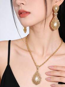 2pcs Women's Earrings & Necklace Jewelry Set, Vintage Palace Style, Rhinestone Inlaid, Middle Eastern Women's Festival Costume Accessories, Bridal Wedding Jewelry Set, Holiday Gift - Multicolor - View 1