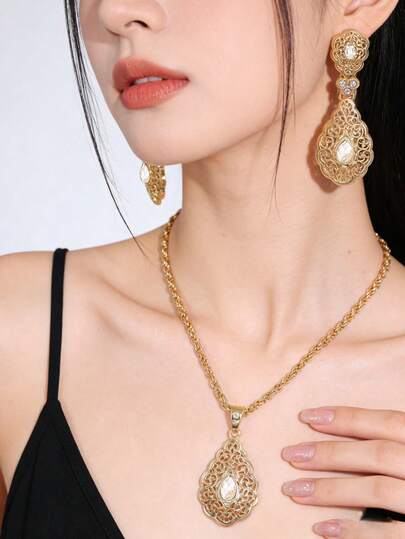 两件套女士耳环项链首饰套装，复古宫廷风格，镶嵌水钻，中东女性节日服饰配饰，新娘婚礼首饰套装，节日礼物