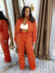 Black & White Contrast Stripe Two Pieces Tracksuit Set 1pc Cropped Zip Jacket Wide-Leg Pants Casual Stylish Elastic Waist For Daily Outings Streetwear All Seasons - Brownish-red - View 4