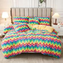 Juego de Funda de Edredón Color Crema, Terciopelo Esponjoso de Piel Sintética Tamaño Queen con Fundas de Almohada, Lavable en Casa - Zigzag arcoíris - Ver 4