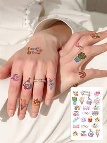 1张时尚多巴胺彩色可爱卡通临时纹身贴纸，可用于手指和手掌装饰，多种款式可选，防水、防汗、可水洗、持久耐用，少女风假纹身贴纸 - 彩色 - 查看 1