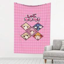Vertical Pink Anime Girls Tapestry Wall Hanging - Cute Chibi Characters On Pink Diamond Background With Hearts & Bows, Soft Peach Light Beige Fabric For Bedroom, Living Room, Office, Party Decor - Anime Lover Gift - Nhiều màu - Xem 2