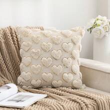 1pc 17.7in*17.7in Quilted Sequin Heart Plush Throw Pillow Cover, Decorative Square Cushion Cover For Home, Living Room, Bedroom, Sofa, Suitable For All Seasons - Beige - View 1