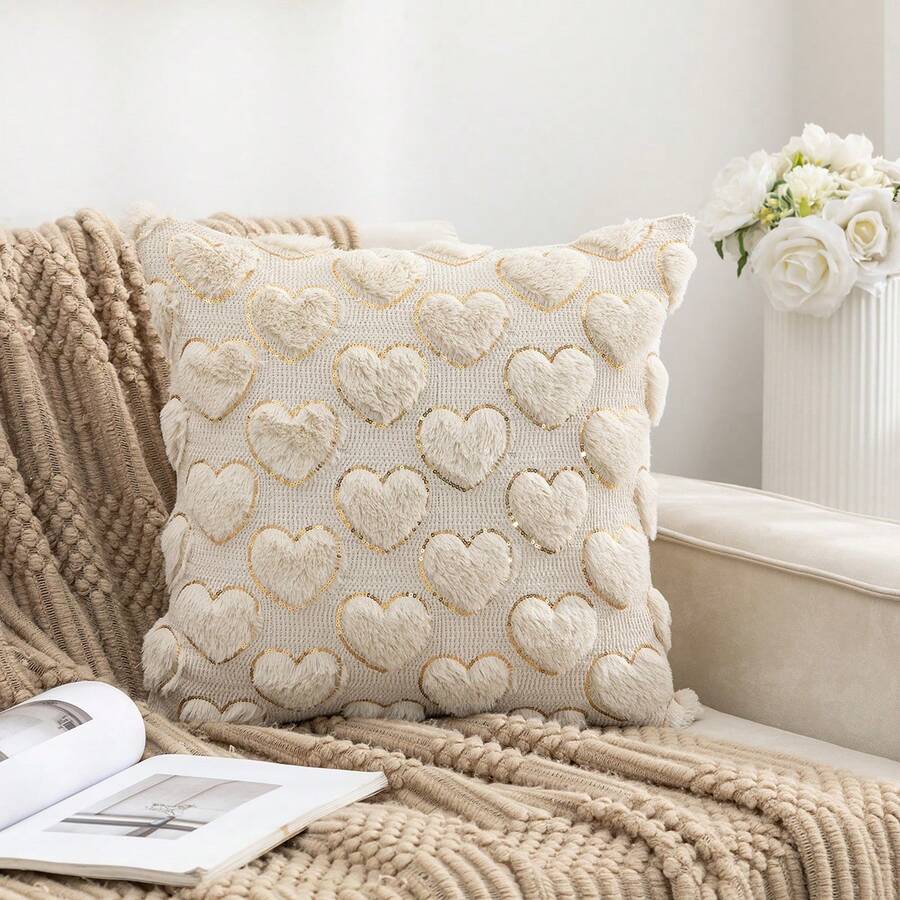 1pc 17.7in*17.7in Quilted Sequin Heart Plush Throw Pillow Cover, Decorative Square Cushion Cover For Home, Living Room, Bedroom, Sofa, Suitable For All Seasons - Beige - View 1