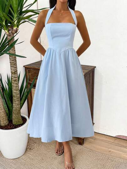 Unadoll Ladies' Casual Beach Vacation Temperament Elegantback To School Dating Music Festival Mother's Day Graduation Season Hanging Neck Backless Plus Size Dress ﻿