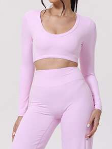 1 pieza Parte superior de yoga de manga larga con sujetador incorporado, diseño sin espalda para correr al aire libre, fitness, pilates - Rosa - Ver 3