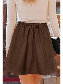 Women's Corduroy Mini Skirt - Button Front, A-Line Pleated With Pockets & Skater Style - Dark Brown - 查看 3