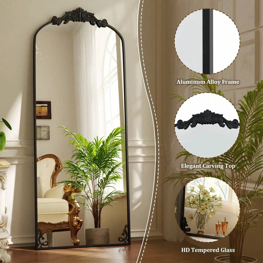 65-Inch X 21-Inch Arched Full Length Mirror - Vintage Baroque Style Floor Mirror With Antique Gold Finish - Metallic Retro Freestanding Full Body Mirror For Living Room, Bedroom, Entryway & Luxe Home Decor - 黑色 - 查看 1