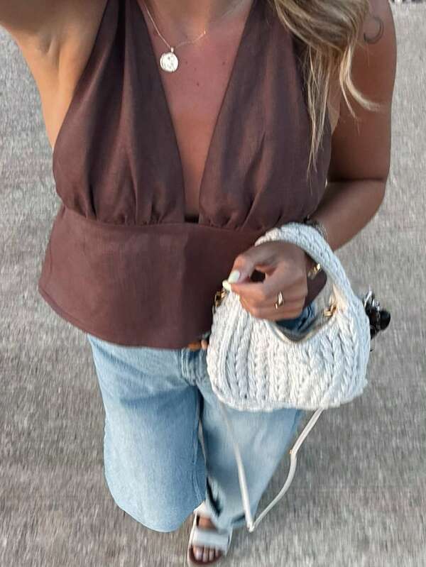 Women's Casual Sexy Solid Color Halter Neck Tank Top, Summer