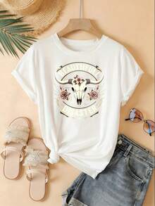 2026 Women's New Casual T-Shirt Beautiful Disaster Cow Skull Rose Graphic T-Shirt For Men And Women Unisex Streetwear Fashion Short Sleeve Top Casual Summer Clothing Popular Short Sleeves Are Suitable For Holiday Gifts Such As Parties, Outings, And Sports - 白色 - 查看 5