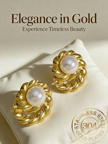 Stainless Steel Gold-Plated Heart Stud Earrings, Pearl Earrings For Women, Low Allergy Jewelry Gift, Suitable For Sensitive Ears - Multicolor - View 3
