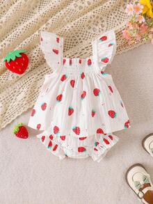 2件套女婴清新草莓印花白色吊带背心+短裤套装，夏季度假风 - 白色 - 查看 8