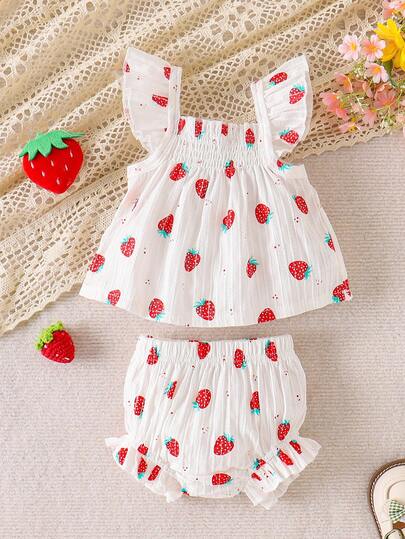 2pcs Baby Girls' Fresh Strawberry Print White Camisole Top + Shorts Set, Summer Holiday Style