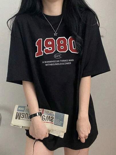 女士宽松圆领休闲复古数字印花短袖T恤，春夏款