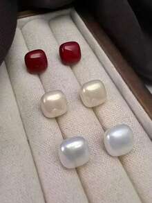 1对经典欧美时尚优雅方形糖粒耳钉，2026新款仿珍珠方形耳环，轻盈奢华秋冬耳环 - 彩色 - 查看 1