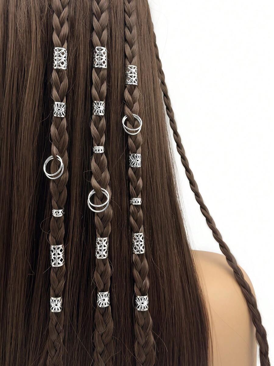 80PCS/Set Vintage Hollow Hair Rings Alloy Hair Cuff Hair Pins Loops Hair Accessories For Girls Loc Hair Jewelry For Braids(Gift,School Stuff) - Silver - View 1