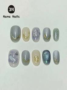 10pcs Handmade Nail Stickers, Blue Cat Eye Pattern, Mysterious & Charming, Gentle & Cute, Minimalist & Comfortable, Removable & Reusable, Suitable For Women, Suitable For Vacation Or Daily Wear Nails - Blue and White - View 2