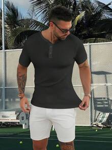 Men's Stretch Henley T Shirts Slim Fit Short  Sleeve Casual Stylish Tee Business Top - 黑色 - 查看 4