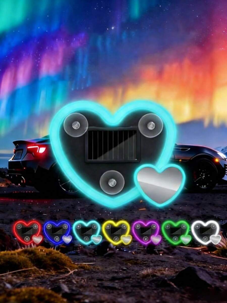 Solar Powered Heart-Shaped Suction Lamp, Colorful Creative Novelty Lighting For Car, Wall, Garden, Patio, Outdoor, Party Decor, Solar Powered Atmosphere Light - 太陽能桃心燈 - 查看 1