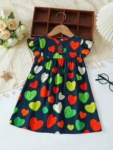 Baby Girls' Summer New Heart Pattern Cap Sleeve Cute Princess Dress - Navy Blue - View 2