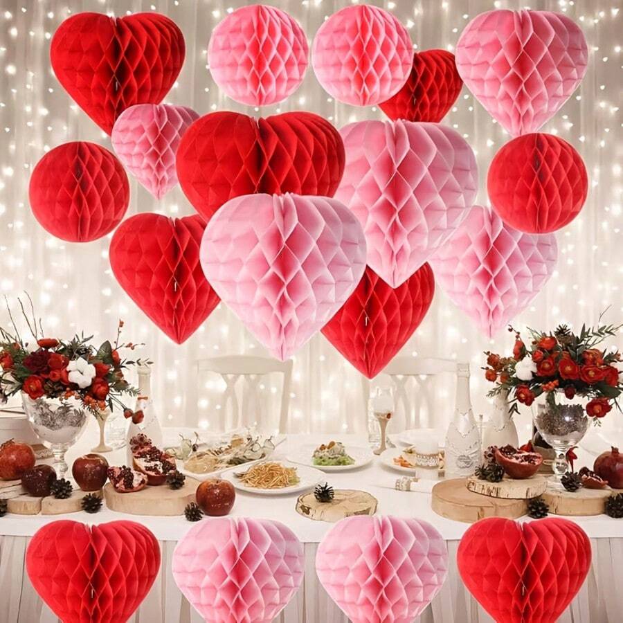 16pcs Honeycomb Ball & Pom Pom Decoration Set, Red & Pink Color, Includes Red Honeycomb Balls, Paper Heart Ornaments, Suitable For Wedding, Valentine's Day, Engagement, Bridal Shower, Birthday Party Decor - Pink - View 1
