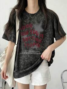 日系女式宽松圆领时尚百搭字母、星星、卡通印花扎染短袖T恤，春夏款 - 黑色 - 查看 3