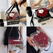 1pc Large Floral Paper Gift Bag, Portable Bouquet Tote Bag With Ribbon Handle, Rectangular Wedding Gift Packaging Bag, Small Flower Shop Handbag, Suitable For Wedding, Mother's Day, Valentine's Day, Birthday, Etc. (Pink, Black, Red, White) - Multicolor - View 7