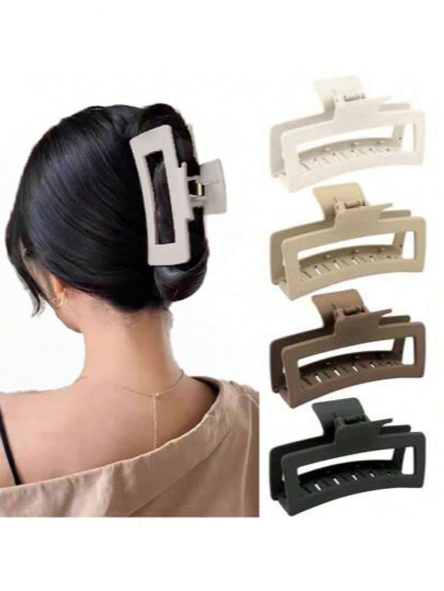 4个/1个 4.56英寸/11.6厘米 黑色、白色、棕色、卡其色方形塑料发夹，时尚百搭，优雅简约风格，适合日常、休闲、派对、通勤、度假、扎马尾、盘发、洗脸、化妆等场合，是女性时尚发饰和优雅发夹的理想之选。