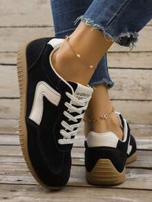 女士轻便跑步鞋 - 系带设计，多功能平底，透气面料和人造革材质 - 黑色 - 查看 5