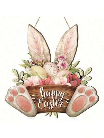 1pc Easter Egg Rabbit Wooden Door Sign Decor Floral Hanging Plaque
