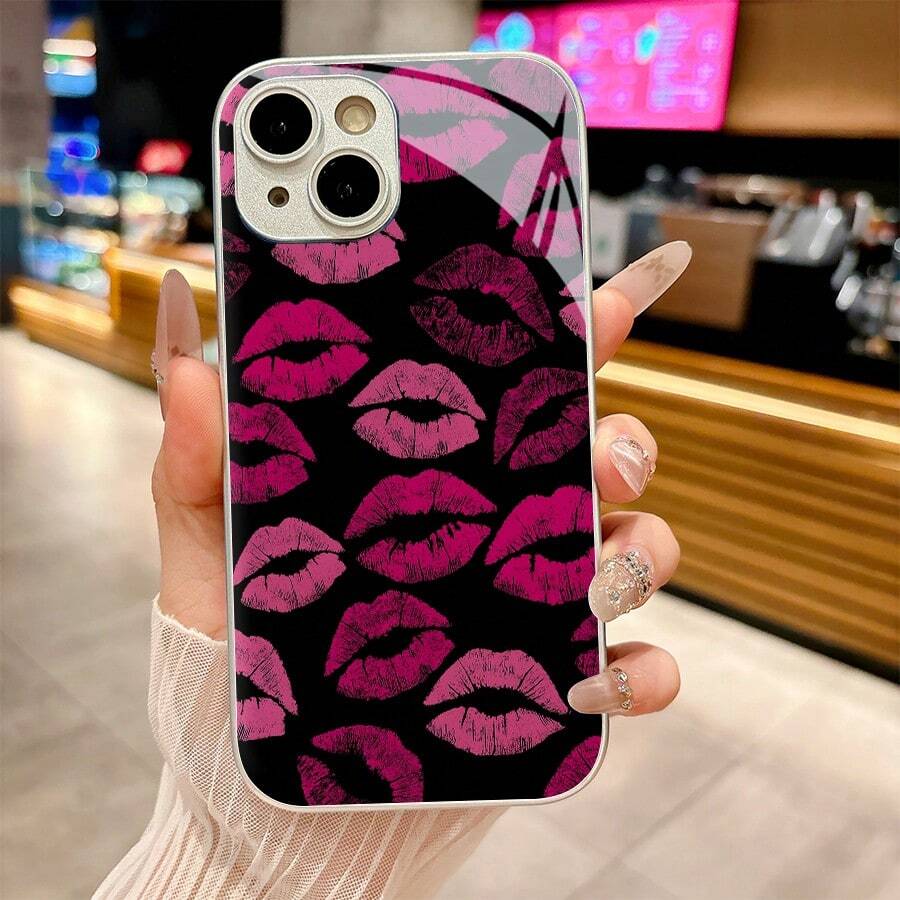 Kiss Marks Pop Art Style Fashion Statement High-End Fashion,Shockproof,Stain-Resistant And Durable Creative Glass Phone Case For IPhone 17/17Air/17Pro/17ProMax/16/15/14/14Plus/Pro/ProMax/13/12/11/Pro/ProMax,The Perfect Festival Gift - Bạc - Xem 1