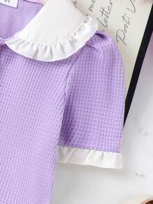 2pcs Young Girls Elegant Peter Pan Collar Lace Trim Short Sleeve Jacket And A-Line Skirt Set - Mauve Purple - View 4