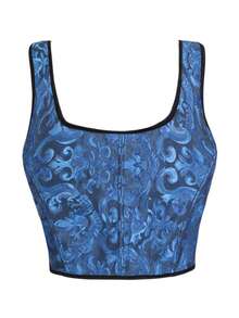 Fishbone Corset Women's Solid Color Jacquard Lace Up Corset Shapewear Tank Top, Casual Grommet Eyelet Zipper Shaper Top For Daily Wear, Women's Shapewear For All Seasons Women's Plus-Size Shapewear - 黑藍色 - 查看 3