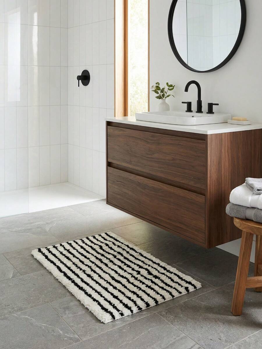 1pc Printed Bathroom Mat, Soft Bathroom Rug, Bed Mat, Faux Cashmere Fabric, Plastic Bottom With Polka Dots, Striped Door Mat, Furniture Decor Mat, Christmas Theme Mat, Lightweight, Luxurious, Durable Square Blanket - Multicolor - View 1