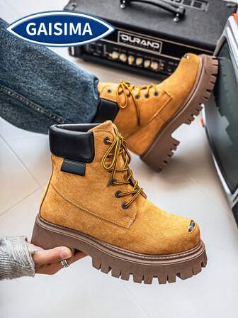  Botas con suela gruesa estilo americano GAISIMA, botas de motocicleta retro estilo británico para hombres, botas amarillas para exteriores