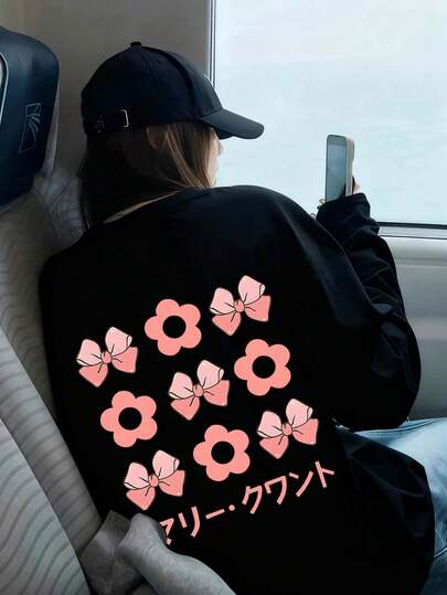Black Graphic Print Round Neck Long Sleeve T-Shirt For Women, Casual Loose Versatile Top, Spring/Autumn