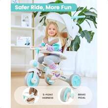 JMMD - Triciclo para bebé multifuncional 7 en 1 con asa ajustable para padres arnés de  y frenos de rueda toldo extraíble de paseo para niños y niñas de 18 meses a 5 años color menta - Menta - Ver 5